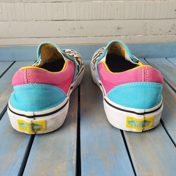 VANS Checkerboard Slip-On Black White Pink Blue Yellow Women's Size 6 - Picture 6 of 10